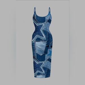Denim Print Patchwork Star Bodycon Dress